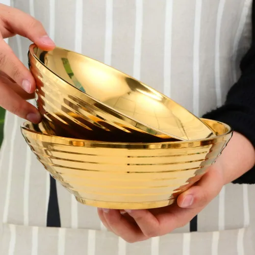 Miniatura 3 de Juego de tazones de sopa de fideos japoneses para ramen, 2 juegos (7.09 pulgadas) dorado de doble capa de acero inoxidable 18/8 con palillos y Oro