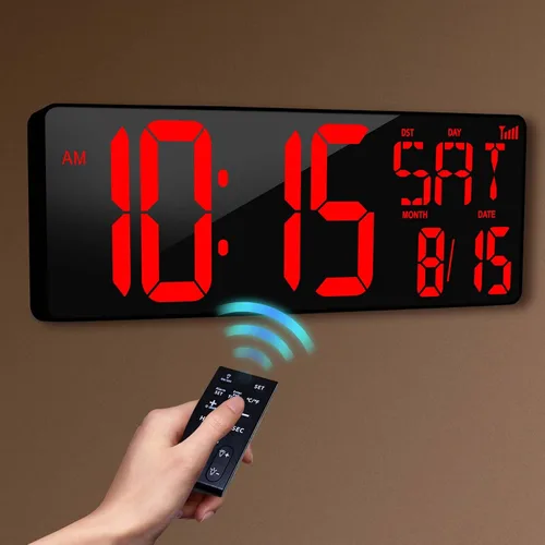 Reloj de pared digital con pantalla grande: reloj digital LED de 16.5 pulgadas con control remoto, fecha, semana, DST automático, brillo ajustable,