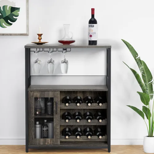 Miniatura 12 de IDEALHOUSE Armario de bar de vinos de 3 niveles con estante y cajón desmontable para vinos, aparador industrial y gabinete de buffet con soporte