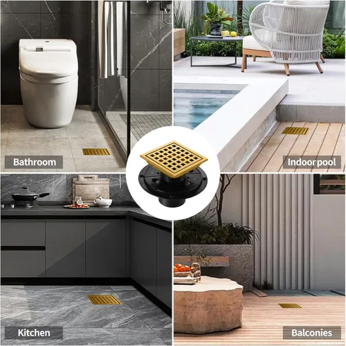 Miniatura 8 de Drenaje de ducha, oro cepillado de 4 pulgadas, drenaje cuadrado de piso de ducha con brida, panel de rejilla removible de acero inoxidable SUS 304