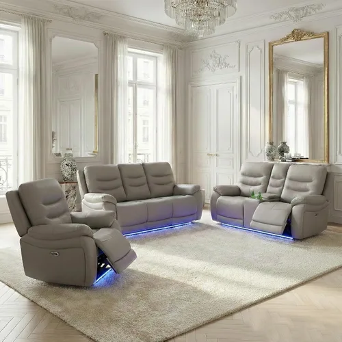 Miniatura 19 de Juego de sofá reclinable eléctrico de cuero con LED, juego de muebles de sala de estar, juego de sofá de cuero con puerto USB, consola