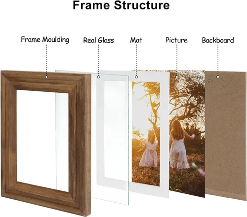 Miniatura 7 de Portarretratos de 5 x 7, doble bisagra horizontal de madera con marco de fotos plegable con frente de cristal real en grano de madera envejecido