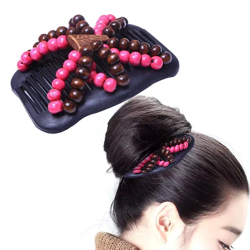 Miniatura 2 de LOVEF Peines mágicos para el cabello para mujer, 3 unidades, con cuentas de madera, elásticos, doble cara, clips para moño, accesorios