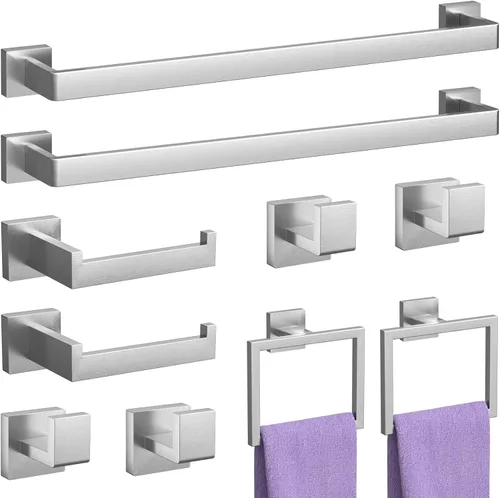 Juego de 10 accesorios de baño de níquel cepillado, juego de toallas de baño de 23.6 pulgadas, juego de accesorios de baño de acero inoxidable,