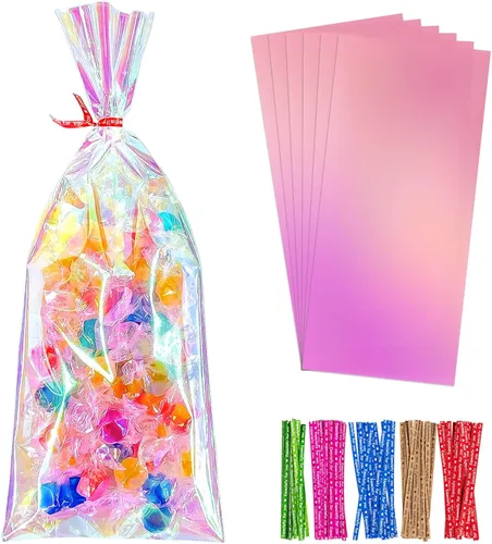 Miniatura 25 de Bolsas de celofán iridiscentes de 5 x 7 pulgadas con lazos giratorios, bolsas de golosinas para galletas, chocolates y palomitas de maíz
