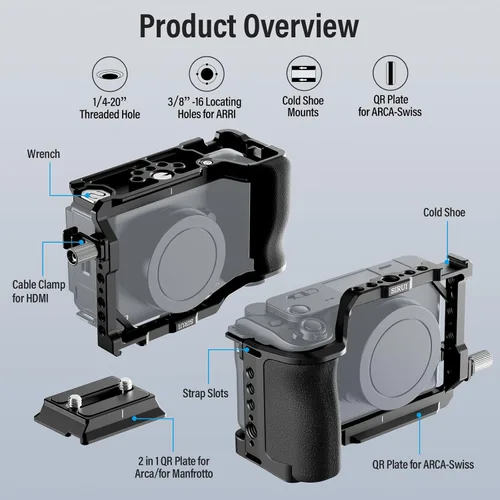 Miniatura 2 de SIRUI Jaula para cámara Sony ZV-E1 con agarre de silicona y abrazadera para cable para HDMI, placa de liberación rápida integrada para tipo Arca