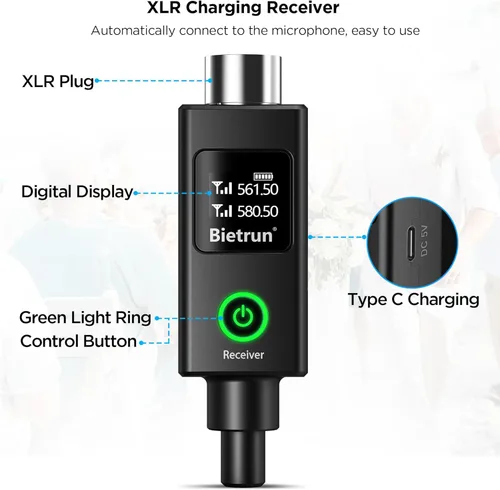 Miniatura 6 de Bietrun Micrófono Inalámbrico XLR, Conjunto de Micrófono Dinámico de Metal Portátil Dual UHF con Receptor Recargable, Adaptador XLR a 1/4