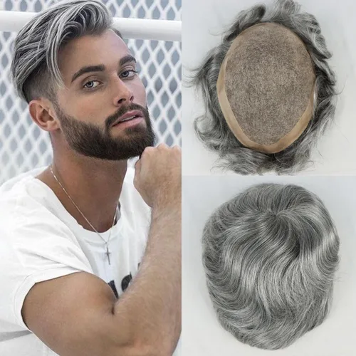 Miniatura 9 de HAPPY&CC Toupee - Piezas de cabello para hombre, sistema europeo de reemplazo de cabello humano de 10 x 8, base mono soldada fina con NPU alrededor