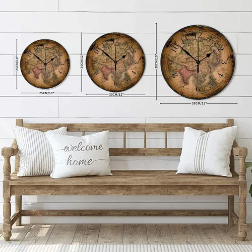 Miniatura 8 de Reloj de pared de madera de 15 pulgadas, ligero, ligero, estilo vintage, mapa del viejo mundo, reloj de madera redondo, estilo antiguo