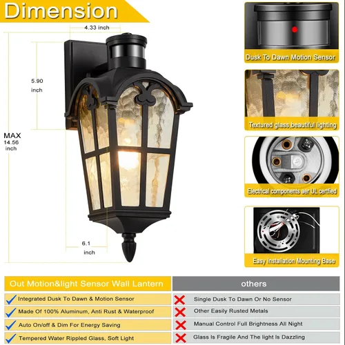 Miniatura 5 de Iluminación exterior del anochecer al amanecer, luces modernas con sensor de movimiento para exteriores, luces de pared impermeables
