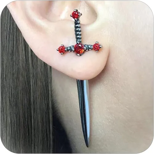 Sword Earrings for Women Cross Sword Earrings Gothic Red Black Knife Earrings Vintage Crystal Sword Stud Earrings for Birthday Halloween Gifts for