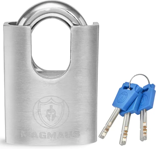 Magmaus SDL/50 [grillete cerrado] Cerradura resistente con 3 llaves - [acero inoxidable] Candado resistente a la intemperie para uso en exteriores -