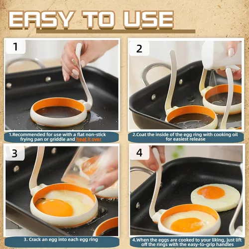 Miniatura 5 de Juego de anillos de silicona para cocinar huevos fritos, antiadherentes, fáciles de usar y limpiar, paquete de 4, molde redondo para huevos