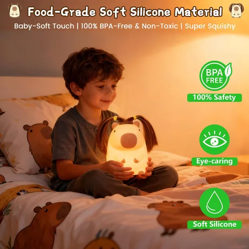 Miniatura 5 de Linda luz nocturna de capybara con peinado DIY, lámpara de silicona esponjosa, luz nocturna para habitación infantil, lámpara de mesita recargable