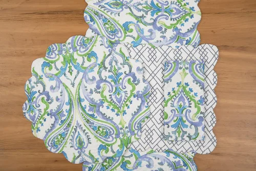 Miniatura 7 de C&F Home Juliet - Juego de 6 manteles individuales rectangulares acolchados reversibles con patrón de cachemira azul, verde y blanco