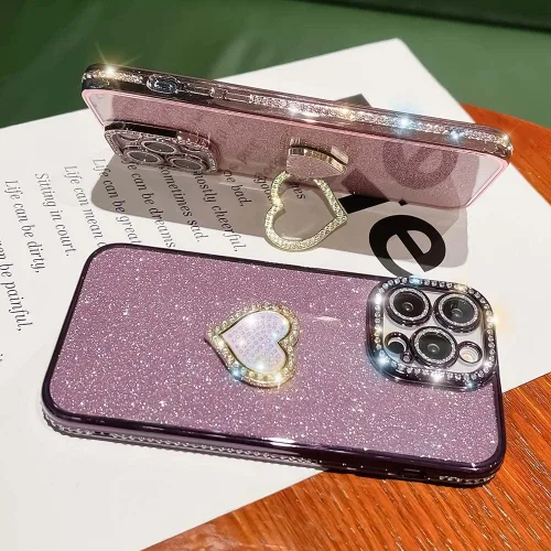 Miniatura 3 de Bonita funda compatible con iPhone 13 Pro de 6.1 pulgadas, diamantes brillantes + fundas de tarjetas con purpurina con soporte de corazón de amor