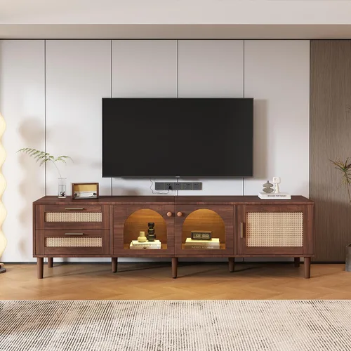 Miniatura 10 de Soporte de TV para TV de 80 pulgadas, centro de entretenimiento moderno de mediados de siglo con cajones de almacenamiento, puertas de tambor y toma