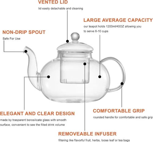 Miniatura 2 de Juego de teteras de vidrio, 40 onzas/40.6 fl oz, hervidor de té de vidrio seguro para estufa con infusor extraíble y calentador de té, tazas de té