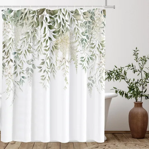 Miniatura 11 de Tititex Blomming - Cortina de ducha floral blanca brillante, hojas verdes acuarela en la parte superior, decoración de baño de planta