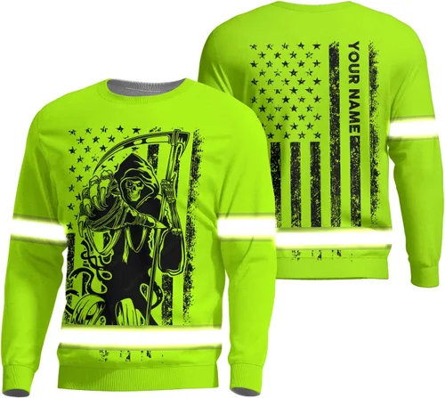 Miniatura 31 de Camiseta de alta visibilidad con bandera de EE. UU., con nombre personalizado, ropa de trabajo de seguridad reflectante, caminantes Calavera