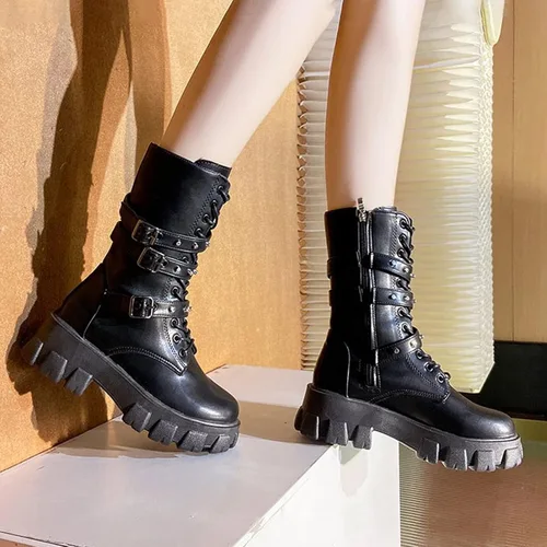 Miniatura 2 de Botas de media pantorrilla para mujer, ligeras, a la moda, con múltiples hebillas, con cordones, antideslizantes, altura de motocicleta
