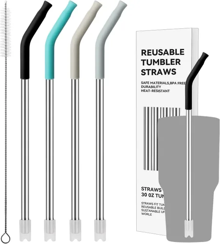 Miniatura 12 de 4 popotes de acero inoxidable para vaso Yeti de 30 onzas, pajitas de metal reutilizables con puntas de silicona para vasos de 30 onzas, popote