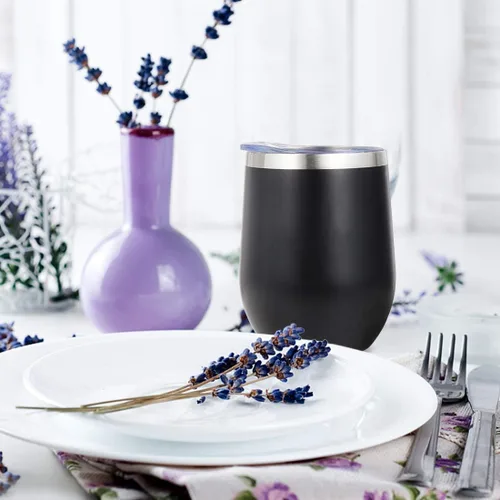 Miniatura 4 de MEWAY Vaso de vino sin tallo de 12 onzas con tapa, vaso de viaje de acero inoxidable con aislamiento de doble pared al vacío con popote, para Negro