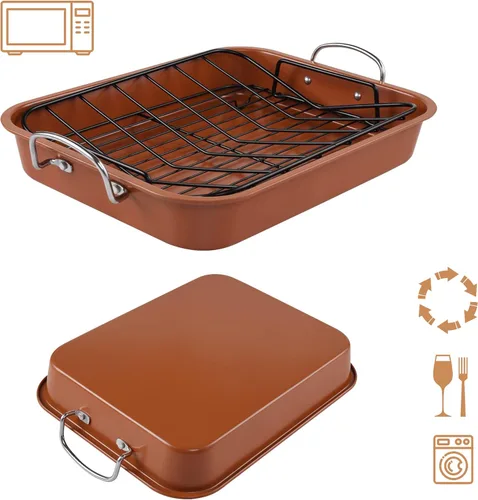 Miniatura 3 de KitCom Bandeja para Asar Antiadherente, Asador con Rejilla de Enfriamiento y Rejilla en V - Bandeja para Pavo y Lasaña Rectangular de 16 Pulgadas