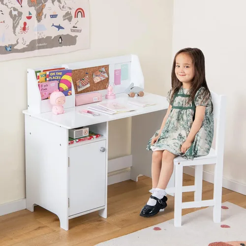 Miniatura 2 de Costzon Juego de escritorio y silla para niños, mesa de estudio de madera para niños con almacenamiento, gabinete, tablero de anuncios de corcho