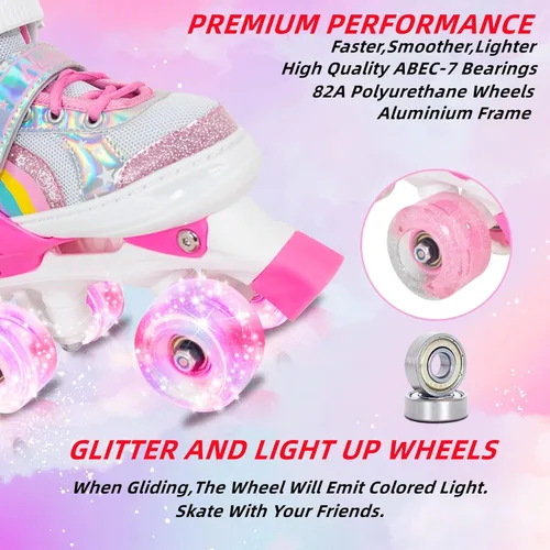 Miniatura 2 de Patines de ruedas Nattork para niños y niñas, patines cuádruples ajustables en 4 tallas para niños con ruedas iluminadas, genial regalo de Rosa