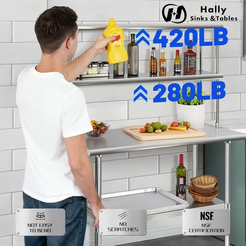 Miniatura 4 de Hally - Estante doble de acero inoxidable de 12 x 72 pulgadas, capacidad de peso de 420 libras, estante comercial de 2 niveles para preparación