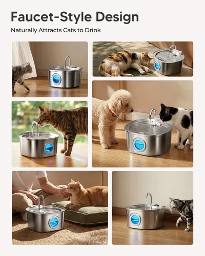 Miniatura 9 de PEKTACO Fuente de Agua para Gatos de Acero Inoxidable, Dispensador de Agua para Gatos de 3.2L/108 onzas con Bomba de Agua Silenciosa y Ventana