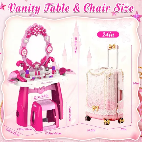 Miniatura 7 de Juego de mesa y silla para niños pequeños, mesa de maquillaje para niñas con luces de espejo y música, juguetes de vestir con secador de pelo