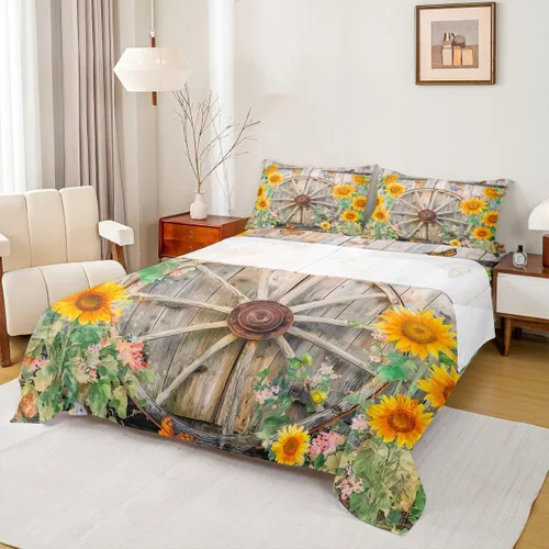 Miniatura 18 de Erosebridal Juego de sábanas rústicas de granja, tamaño individual, diseño de mariposa y girasol, para niños y adultos, estilo retro, grunge, verde