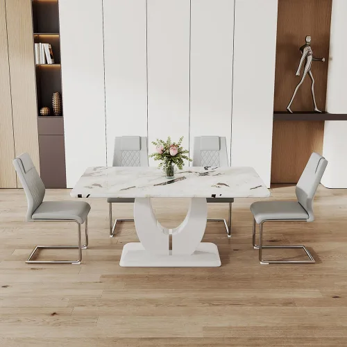 Miniatura 8 de JUFU Moderno juego de mesa de comedor y 4 sillas, juego de mesa de comedor de mármol sintético blanco para 4, juego de mesa de comedor y 4 sillas