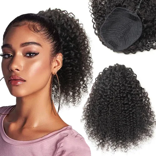 Miniatura 21 de Cola de caballo de cabello humano con cordón para mujeres negras, extensión de cabello humano rizado 4C, 8 pulgadas, aspecto natural, añade volumen