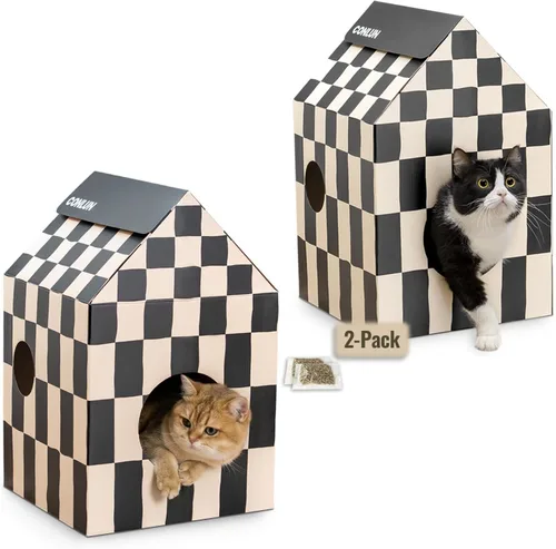 Miniatura 15 de Conlun Casa de cartón para gatos con almohadilla para rascar y hierba gatera, casa rascador para juegos de gatos para muebles de interior, rascador