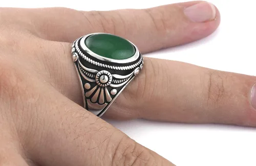 Miniatura 3 de Signet - Anillo para hombre hecho a mano de plata de ley 925K con piedra de jade verde