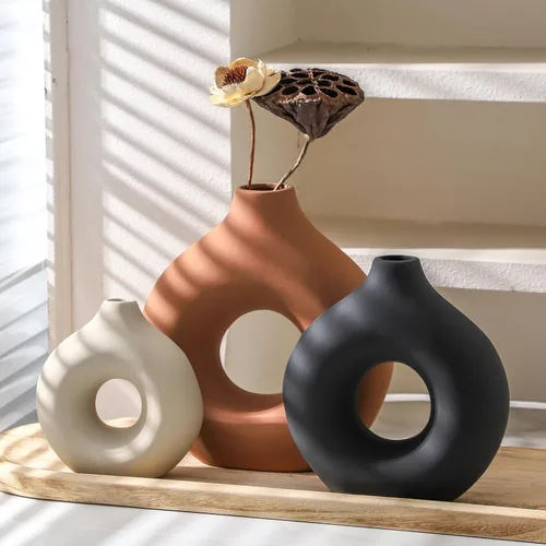 Miniatura 8 de Juego de 3 jarrones de cerámica Vanselia para decoración de mesa del hogar - Jarrones florales pequeños para centro de mesa de sala de estar, Óxido