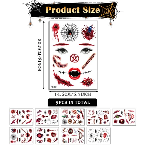 Miniatura 7 de 9 piezas de tatuajes temporales de broma de Halloween, cicatrices sangrientas de zombi 3D, costras falsas de puntada de herida, tatuajes de cara