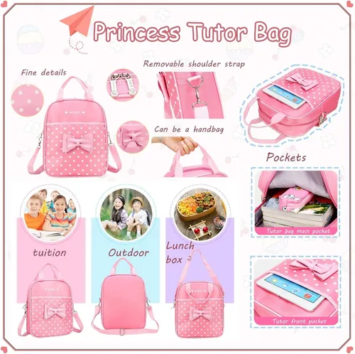 Miniatura 4 de Juego de 2 mochilas escolares con lazos para niñas y estudiantes, diseño de princesa para escuela primaria, 2pcs Negro-s, 2Pcs BagSet S