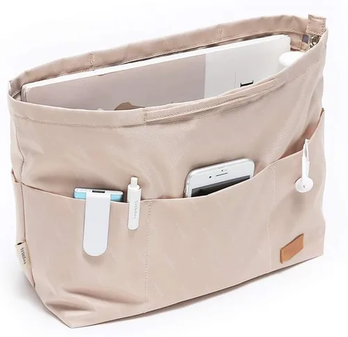 Miniatura 26 de iN Organizador de bolso con cremallera de tela de nailon para mujer, Beige