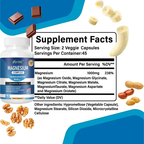 Miniatura 7 de Suplemento complejo de magnesio – 1000 mg con 8 formas de magnesio: glicinato, citrato, malato, taurato y orrotato – Apoya la función muscular
