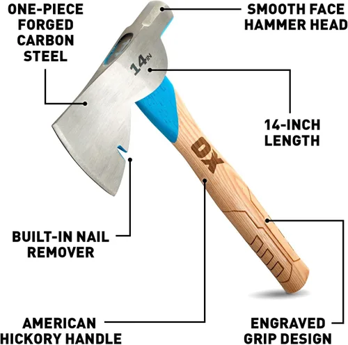 Miniatura 2 de OX Tools Pro - Hacha de acero al carbono de 14 pulgadas, mango recto de nogal americano y cabeza de martillo de cara lisa OX-P094814
