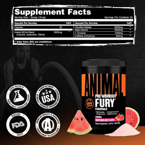 Miniatura 7 de Animal Fury Suplemento en Polvo Pre-Entreno para Energía y Concentración 5g BCAA 350mg Cafeína Óxido Nítrico Sin Creatina Estimulante Potente