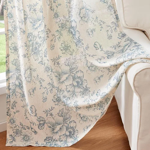 Miniatura 5 de Jinchan Cortinas de Mezcla de Lino con Estampado Floral para Sala de Estar, 84 Pulgadas de Largo, Cortinas con Bolsillo para Varilla y Tab Trasera