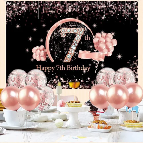 Miniatura 3 de Cartel de tela para decoración de cumpleaños número 7 para niñas, cartel de tela para fiesta de cumpleaños de niña de 7 años, fondo de foto negro