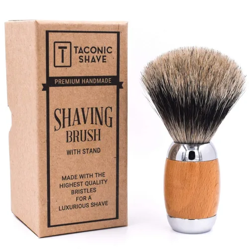 Miniatura 4 de Taconic Shave Cepillo de afeitar de lujo 100% de tejón puro de 3 bandas con madera de haya de lujo y mango cromado, soporte de afeitado incluido