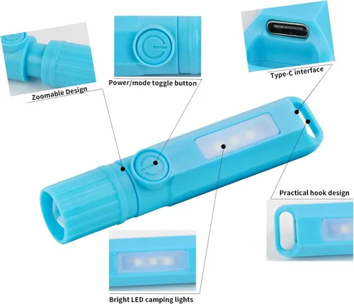 Miniatura 5 de Paquete de 3 linternas recargables USB C mini linternas LED, combo de linterna de camping, linterna ultraligera con zoom para regalo, camping