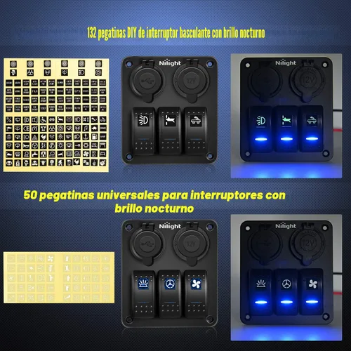 Miniatura 5 de Nilight - Panel de interruptor basculante de 3 bandas 90115C Panel de interruptores de aluminio precableado impermeable con enchufe de cargador USB